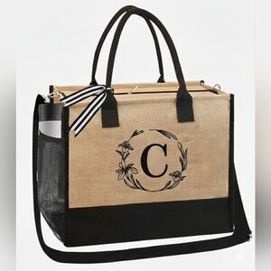Monogrammed Embroidered Jute Tote Bag Zipper Pocket -Personalized Gift- Letter C